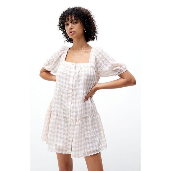 En Saison Value Mini Dress M White Rust Pink Gingham Puff Sleeve Tie Back Tiered - Picture 1 of 12